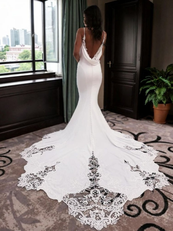 Mermaid V-neck Appliques Lace Cathedral Train Stretch Crepe Wedding Dress