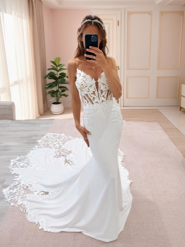 Mermaid V-neck Appliques Lace Cathedral Train Stretch Crepe Corset Wedding Dress
