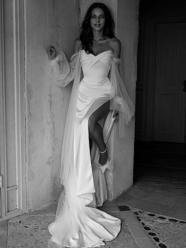 Column Off-the-Shoulder Long Sleeves Pleated Court Train Silk like Satin Wedding Dress