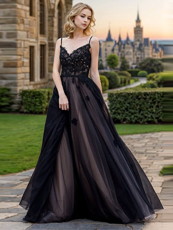 A-line V-neck Appliques Lace Sweep Train Tulle Wedding Dress