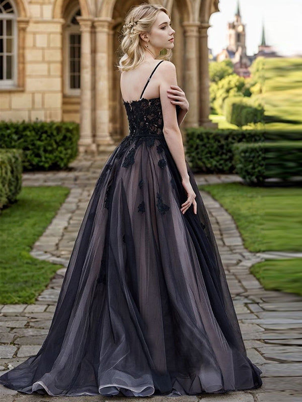A-line V-neck Appliques Lace Sweep Train Tulle Wedding Dress