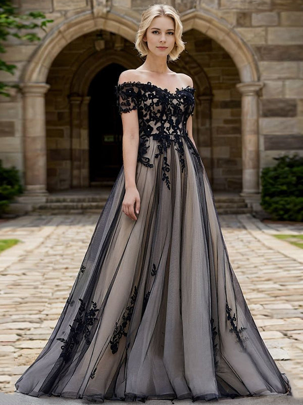 A-line Off-the-Shoulder Short Sleeves Appliques Lace Floor-Length Tulle Corset Wedding Dress
