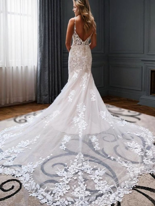 Mermaid V-neck Appliques Lace Cathedral Train Tulle Wedding Dress