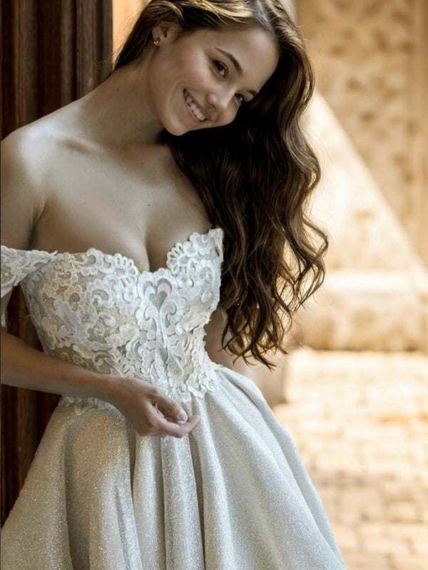A-line Off-the-Shoulder Appliques Lace Knee-Length Wedding Dress