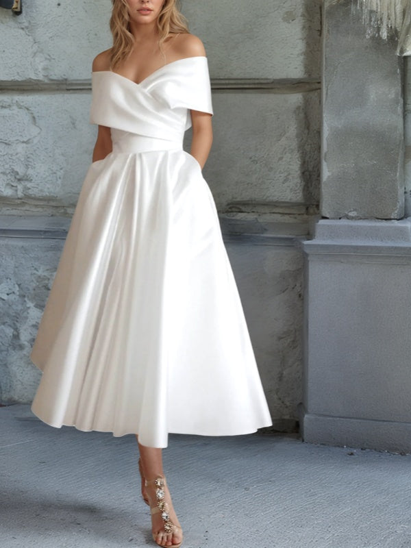 A-line Off-the-Shoulder Pleated Tea-Length Satin Wedding Dress