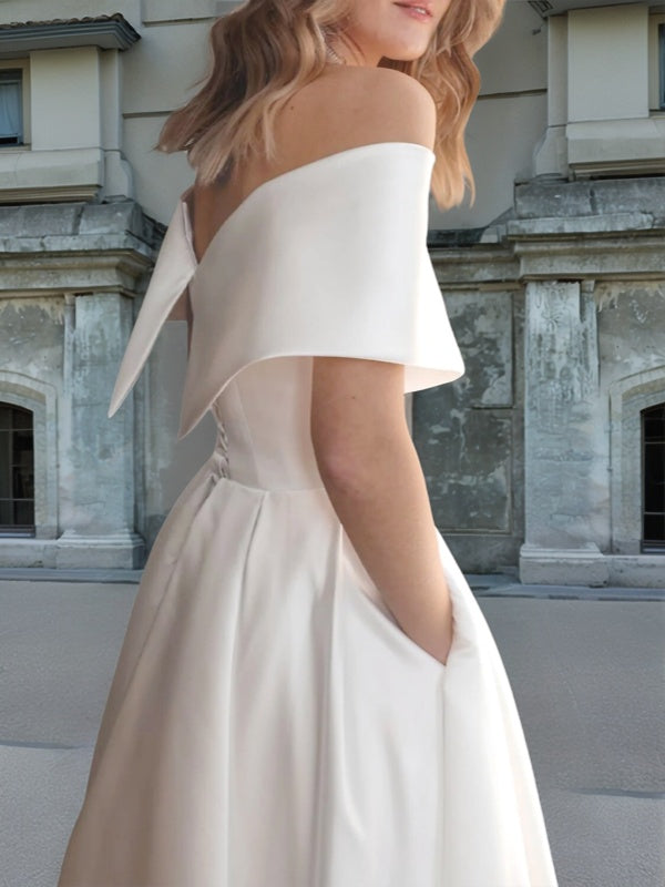 A-line Off-the-Shoulder Pleated Tea-Length Satin Wedding Dress