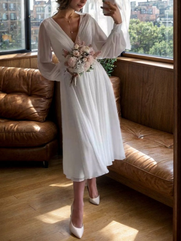 A-line V-neck Long Sleeves Pleated Tea-Length 30D Chiffon Wedding Dress