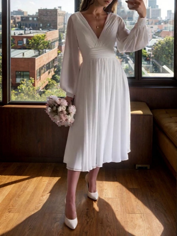 A-line V-neck Long Sleeves Pleated Tea-Length 30D Chiffon Wedding Dress