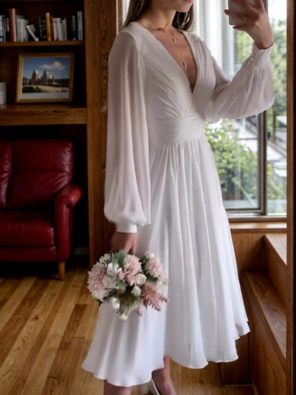 A-line V-neck Long Sleeves Pleated Tea-Length 30D Chiffon Wedding Dress