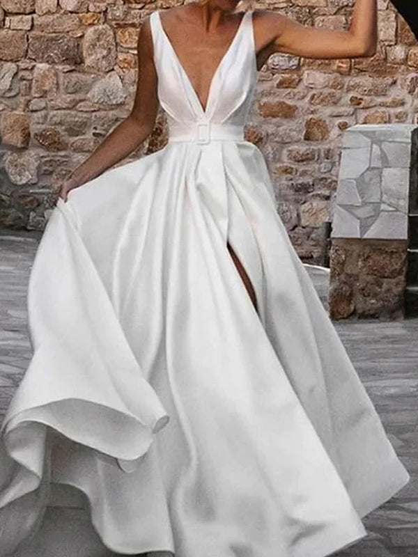 A-line V-neck Ruffles Sweep Train Charmeuse Corset Wedding Dress