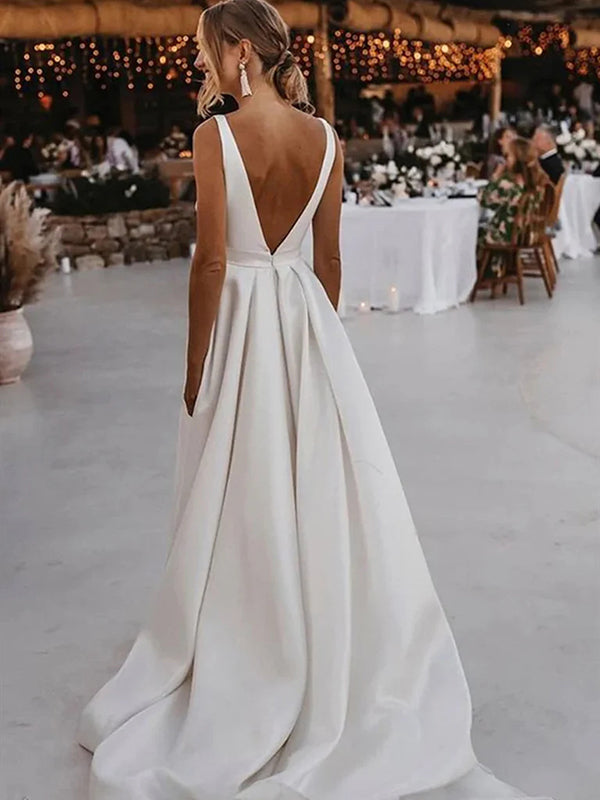 A-line V-neck Ruffles Sweep Train Charmeuse Corset Wedding Dress