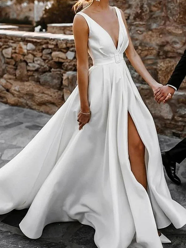 A-line V-neck Ruffles Sweep Train Charmeuse Corset Wedding Dress