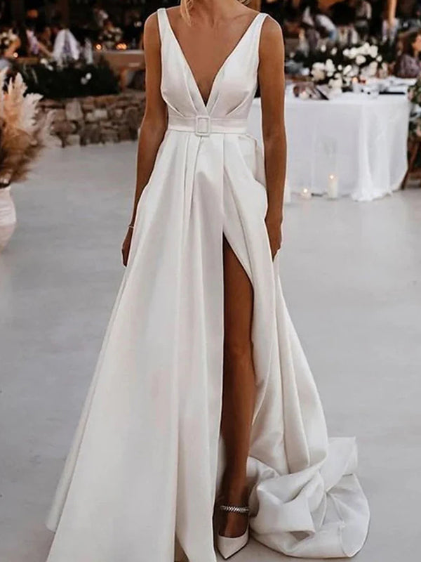 A-line V-neck Ruffles Sweep Train Charmeuse Corset Wedding Dress