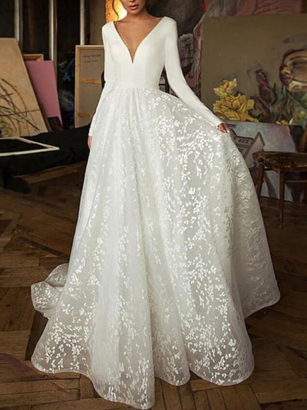 A-line V-neck Long Sleeves Ruffles Court Train Lace Corset Wedding Dress
