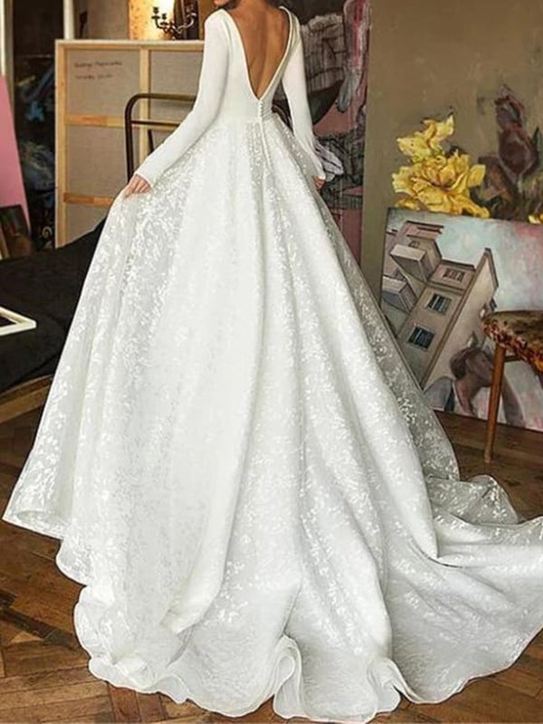 A-line V-neck Long Sleeves Ruffles Court Train Lace Corset Wedding Dress
