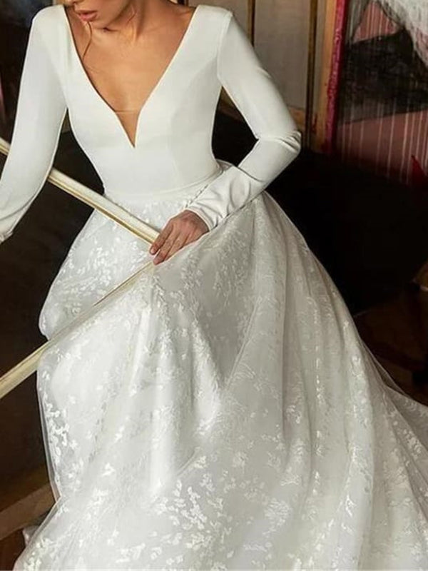 A-line V-neck Long Sleeves Ruffles Court Train Lace Corset Wedding Dress