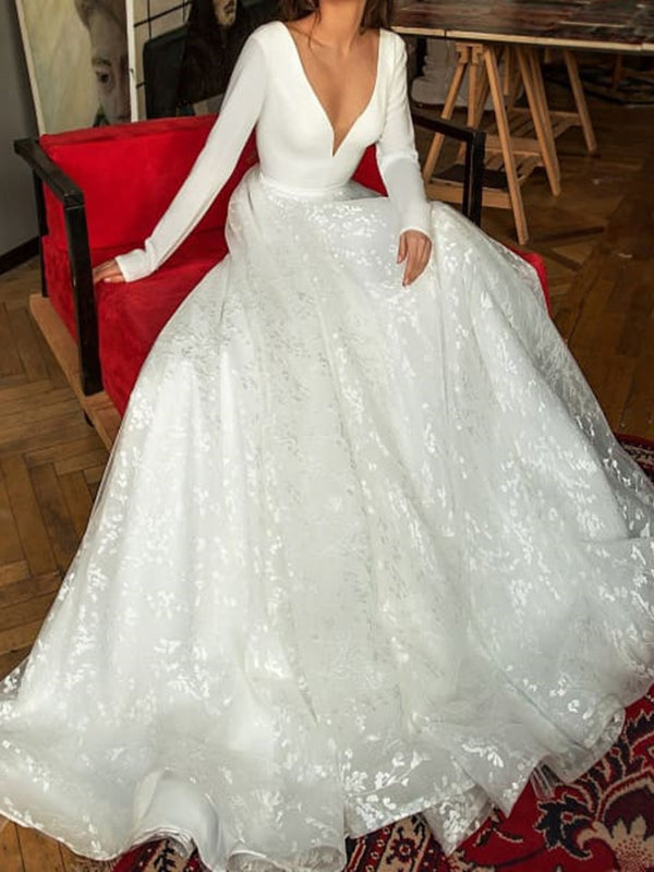A-line V-neck Long Sleeves Ruffles Court Train Lace Corset Wedding Dress