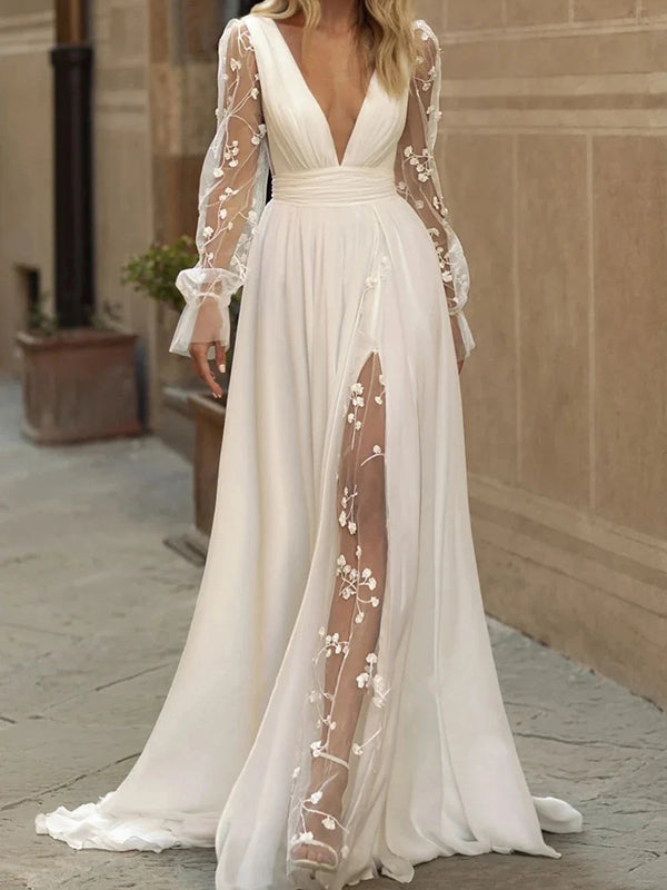 A-line V-neck Long Sleeves Ruffles Sweep Train Chiffon Corset Wedding Dress