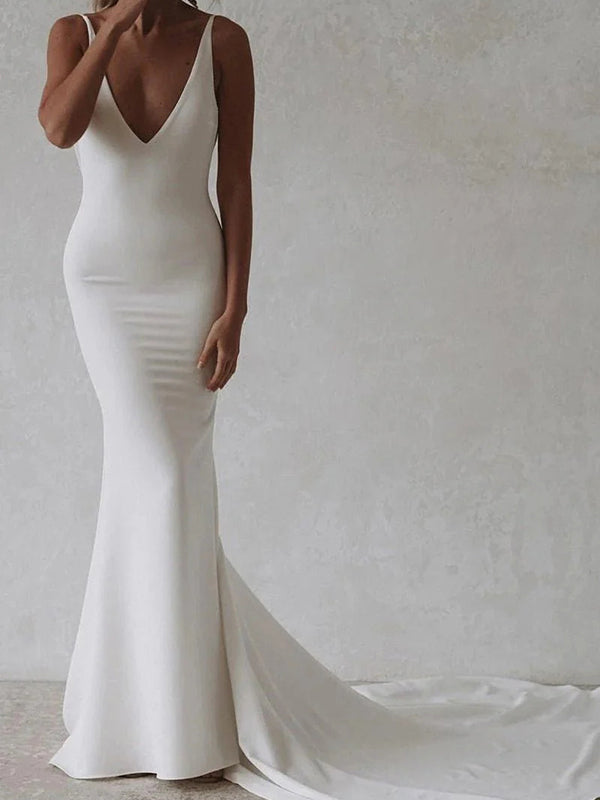 Sheath V-neck Chapel Train Stretch Crepe Wedding Dress