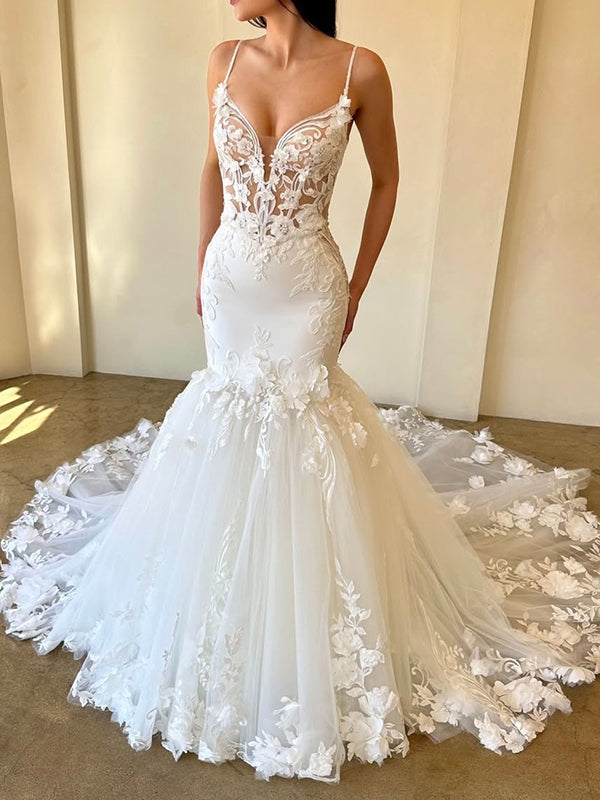 Mermaid Spaghetti Straps Appliques Lace Chapel Train Tulle Corset Wedding Dress