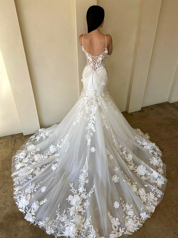 Mermaid Spaghetti Straps Appliques Lace Chapel Train Tulle Corset Wedding Dress
