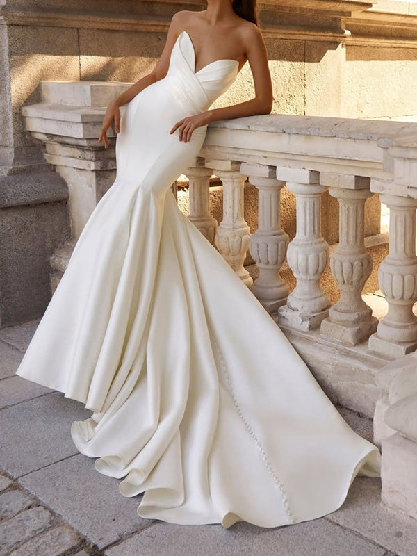 Mermaid V-neck Ruffles Chapel Train Satin Corset Wedding Dress