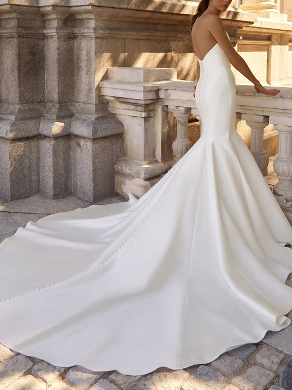 Mermaid V-neck Ruffles Chapel Train Satin Corset Wedding Dress