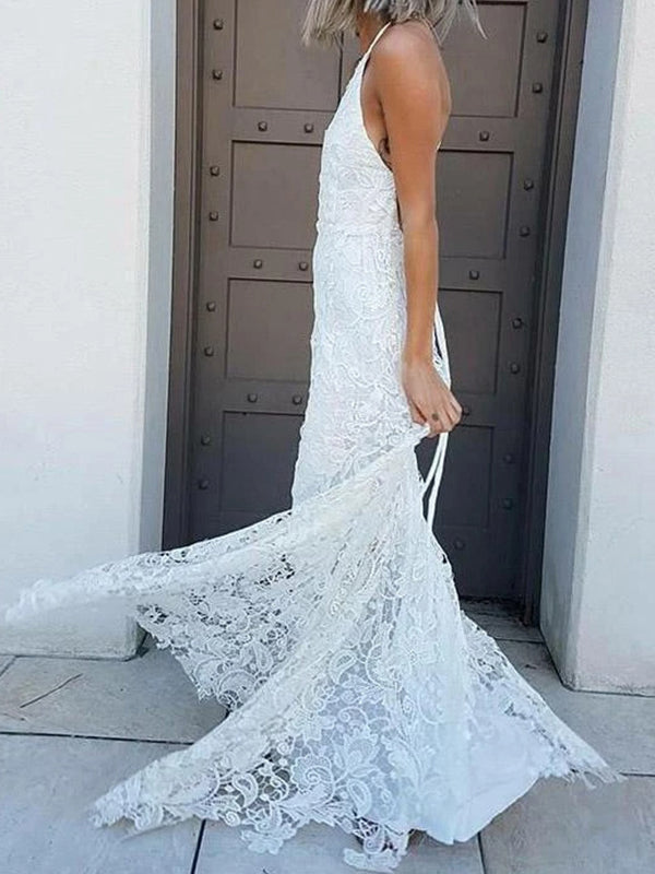 Sheath Halter Appliques Lace Sweep Train Lace Wedding Dress