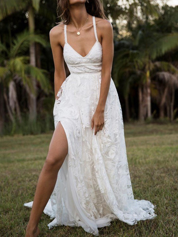 A-line V-neck Ruffles Court Train Lace Wedding Dress