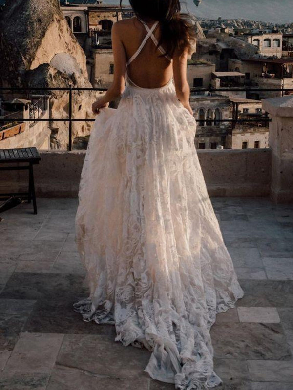 A-line V-neck Ruffles Court Train Lace Wedding Dress