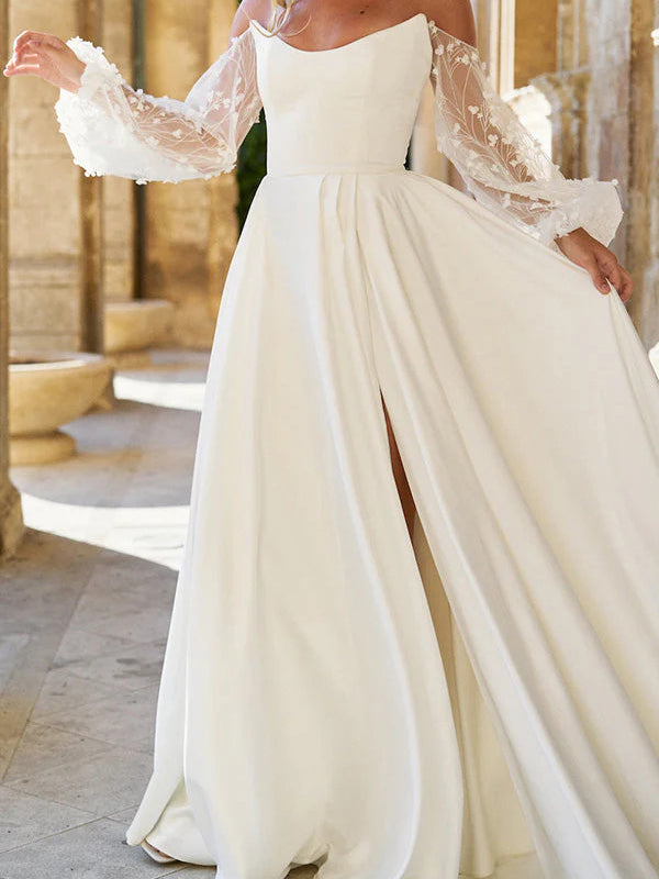 A-line Cold Shoulder Long Sleeves Ruffles Sweep Train Charmeuse Corset Wedding Dress