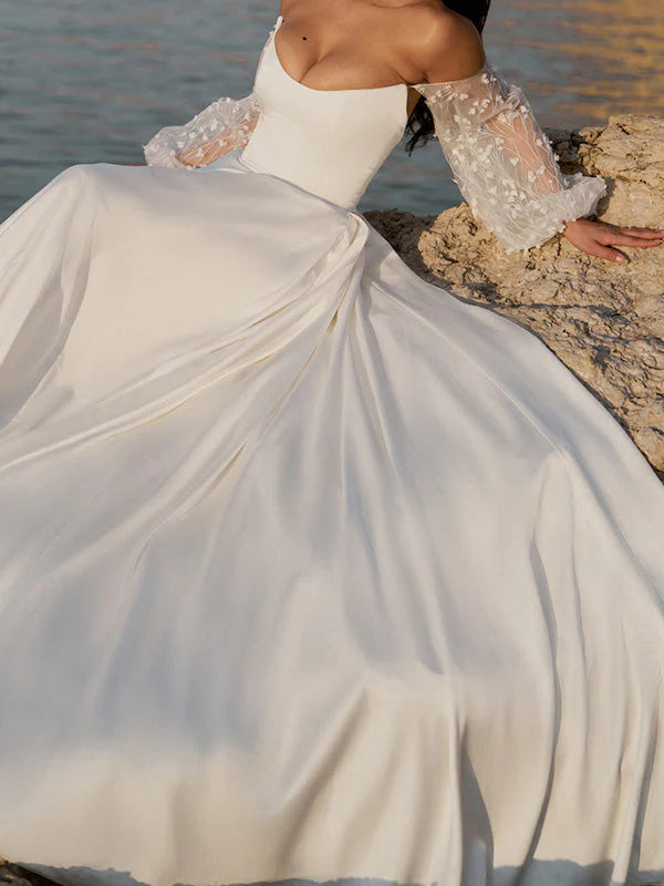 A-line Cold Shoulder Long Sleeves Ruffles Sweep Train Charmeuse Corset Wedding Dress
