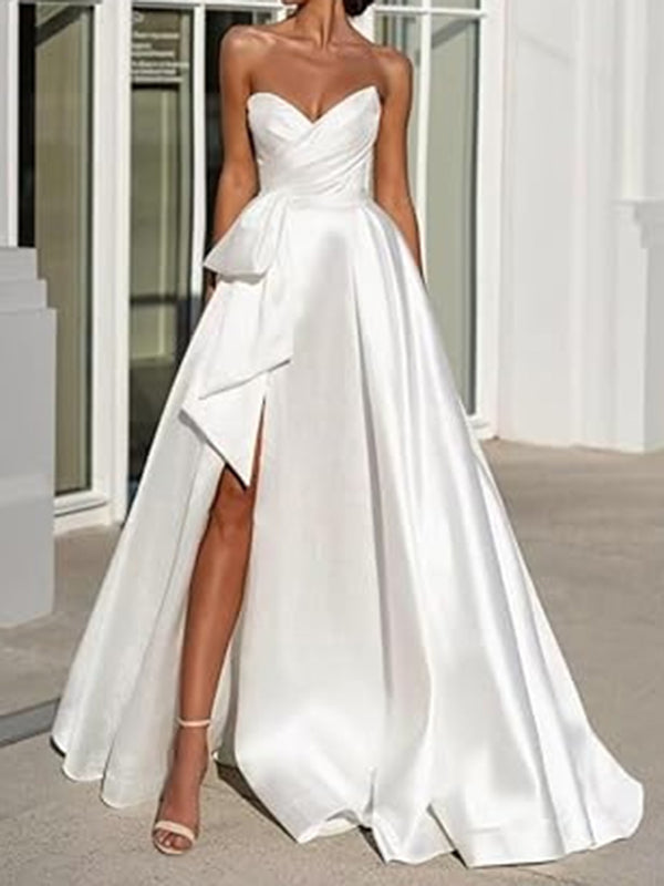 A-line Sweetheart Ruffles Sweep Train Satin Corset Wedding Dress