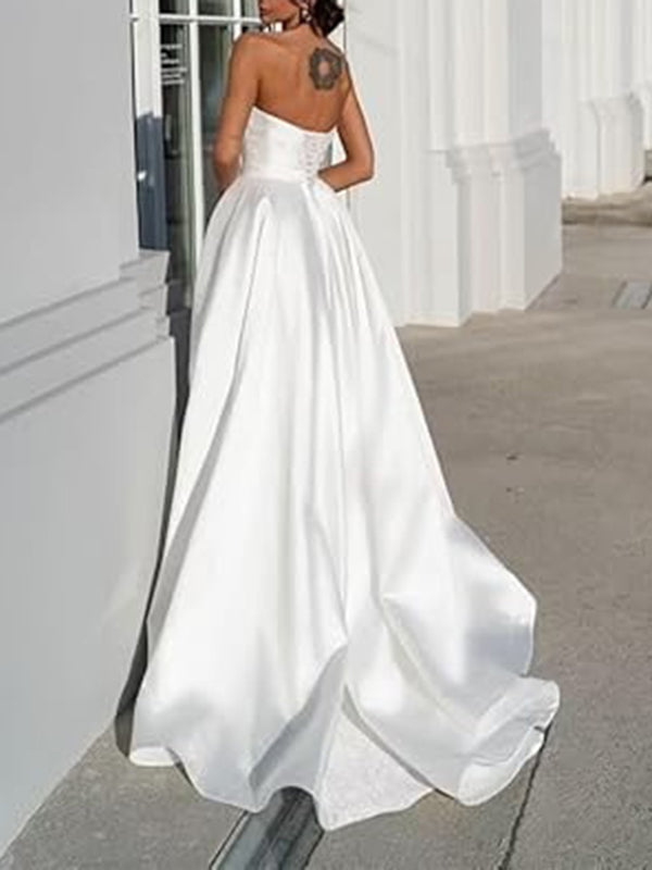 A-line Sweetheart Ruffles Sweep Train Satin Corset Wedding Dress
