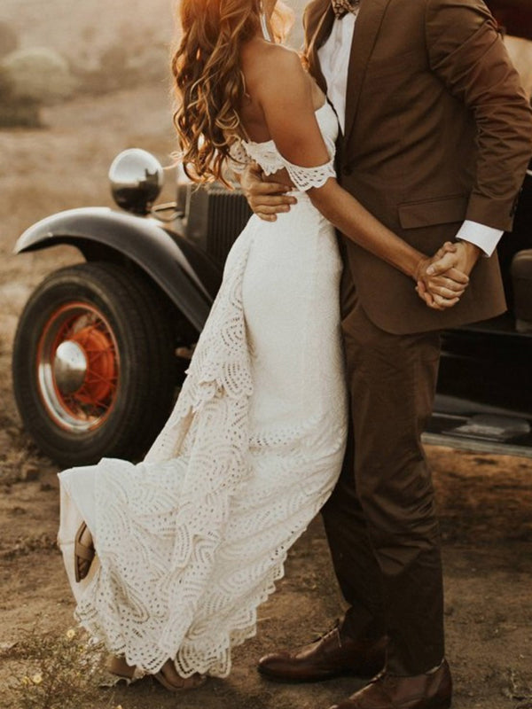 Sheath Off-the-Shoulder Ruffles Chapel Train Lace Wedding Dress