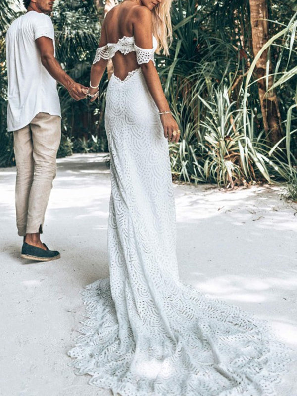 Sheath Off-the-Shoulder Ruffles Chapel Train Lace Wedding Dress