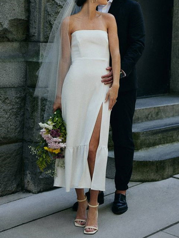 Sheath Straight Ruffles Tea-Length Stretch Crepe Wedding Dress