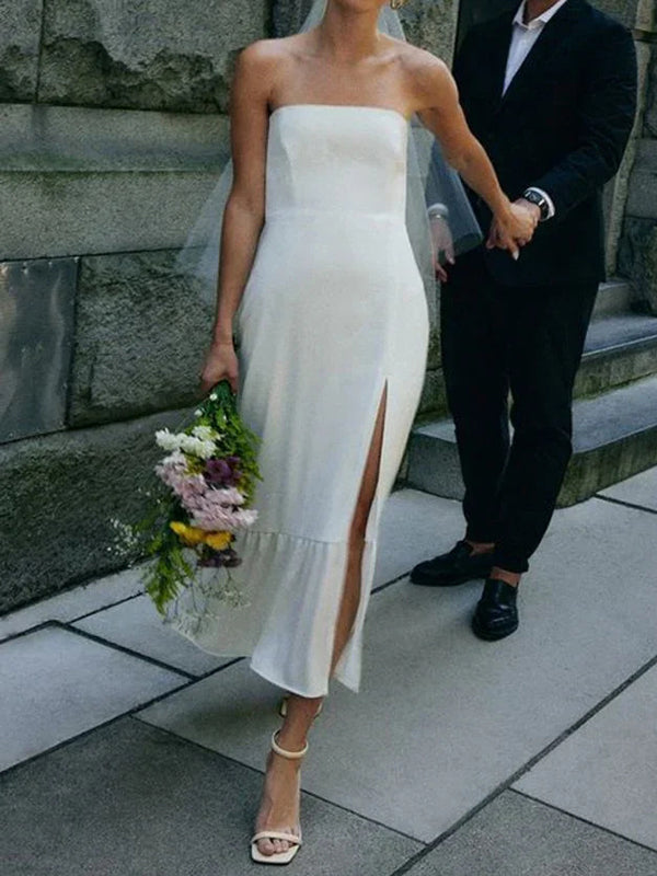 Sheath Straight Ruffles Tea-Length Stretch Crepe Wedding Dress