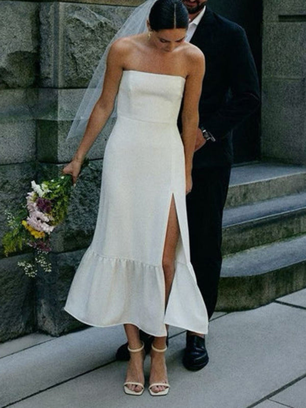 Sheath Straight Ruffles Tea-Length Stretch Crepe Wedding Dress