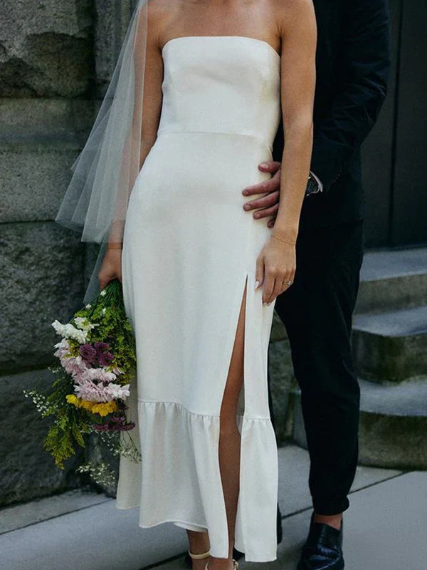 Sheath Straight Ruffles Tea-Length Stretch Crepe Wedding Dress