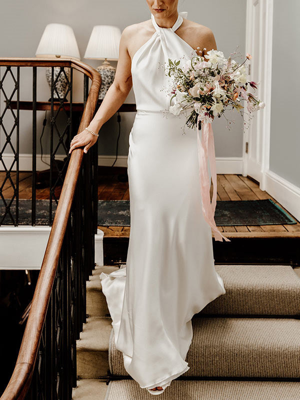 Sheath Halter Ruffles Court Train Satin Chiffon Corset Wedding Dress