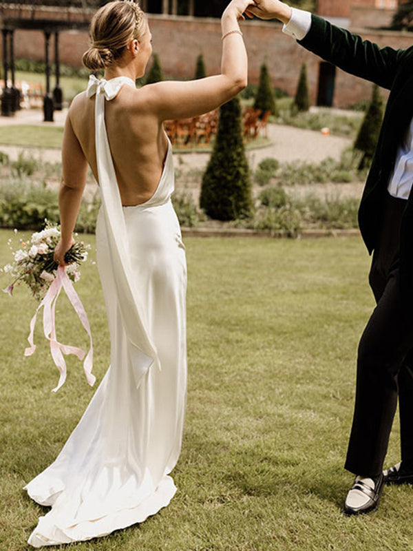 Sheath Halter Ruffles Court Train Satin Chiffon Corset Wedding Dress