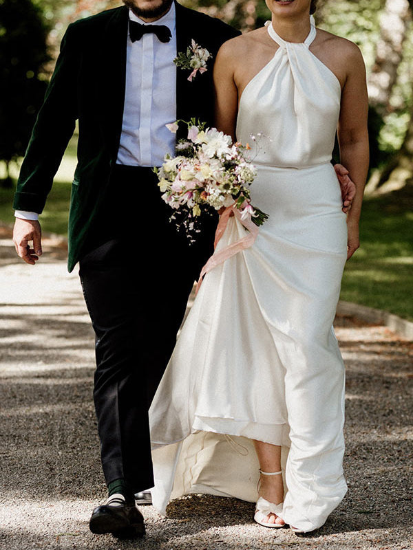 Sheath Halter Ruffles Court Train Satin Chiffon Corset Wedding Dress