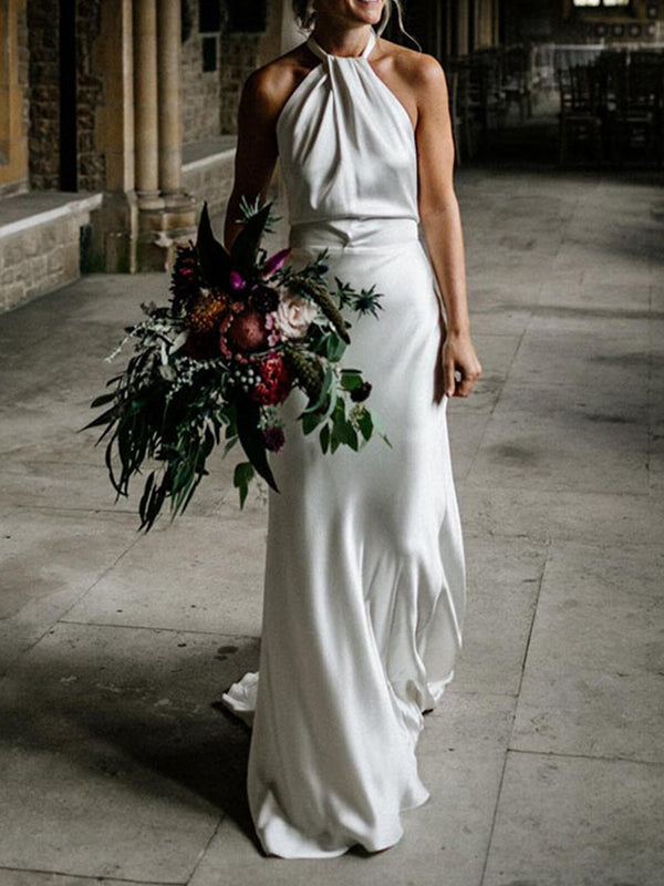 Sheath Halter Ruffles Court Train Satin Chiffon Corset Wedding Dress