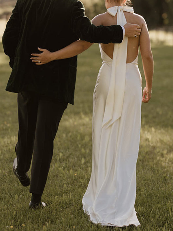 Sheath Halter Ruffles Court Train Satin Chiffon Corset Wedding Dress