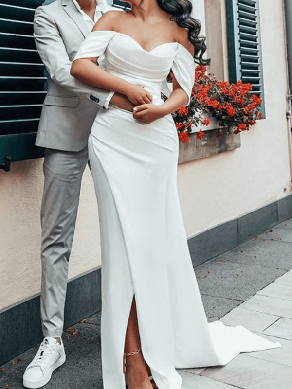 Sheath Off-the-Shoulder Pleated Court Train Charmeuse Corset Wedding Dress