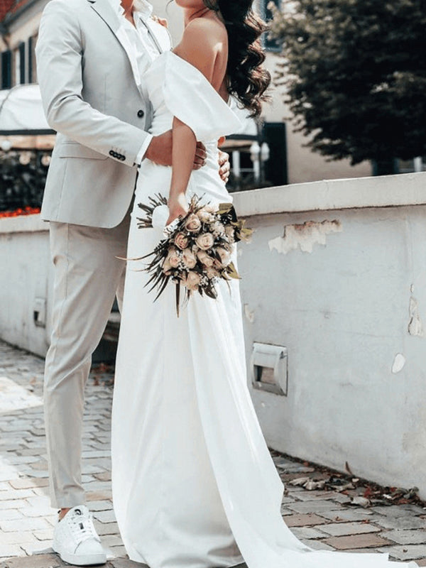 Sheath Off-the-Shoulder Pleated Court Train Charmeuse Corset Wedding Dress