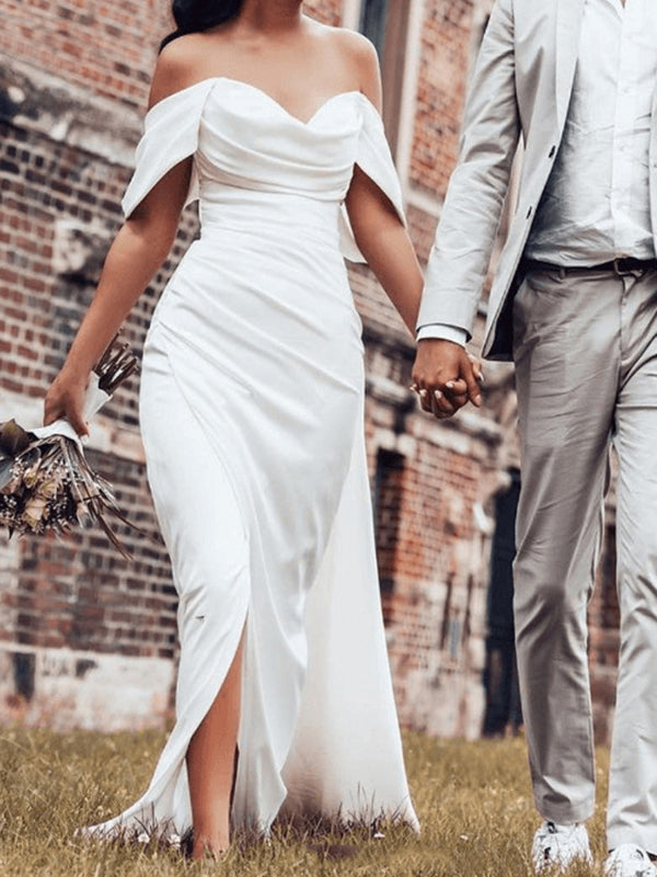 Sheath Off-the-Shoulder Pleated Court Train Charmeuse Corset Wedding Dress