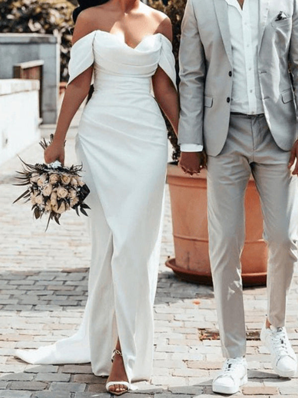 Sheath Off-the-Shoulder Pleated Court Train Charmeuse Corset Wedding Dress