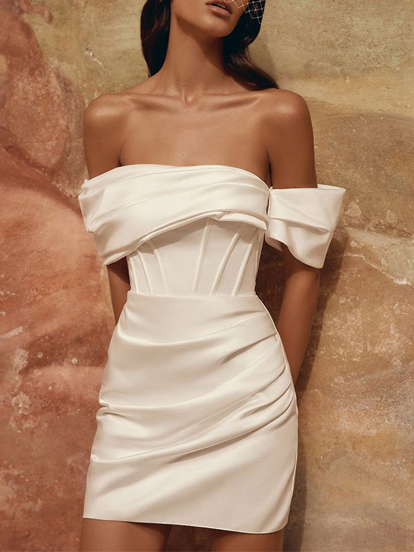 A-line Cold Shoulder Pleated Court Train Satin Corset Wedding Dress